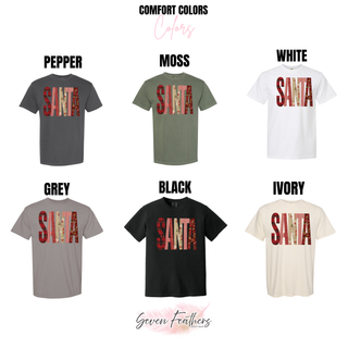 Holiday apparel color options featuring faux embroidered SANTA lettering.