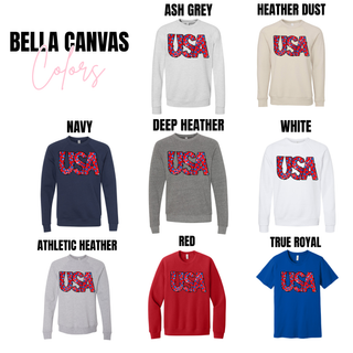 Faux Glitter USA Stars Bella Canvas color chart ash grey heather dust navy deep heather white athletic heather red true royal
