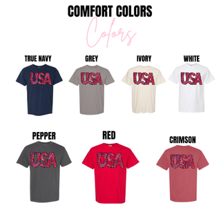 Faux Glitter USA Stars Comfort Colors tee color chart in true navy grey ivory white pepper red and crimson

