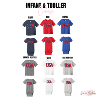 Faux glitter usa stars infant and toddler color chart navy red royal granite heather white and heather grey tees and onesies
