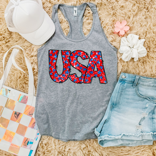 Athletic heather Next Level racerback tank with faux glitter usa stars bold red and blue star filled letter design
