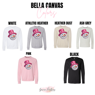 Bella+Canvas apparel color options featuring a snowman with a bright pink faux sequin-style hat.
