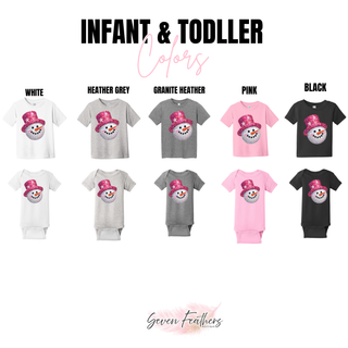 Infant and toddler shirt and bodysuit color options featuring a snowman with a bright pink faux sequin-style hat.
