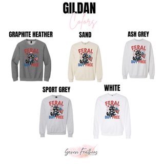 Gildan feral but free fireworks crewneck in graphite heather, sand, ash grey, sport grey, and white

