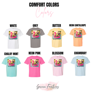 Comfort Colors feral girl summer tee color swatch showing white, grey, butter, neon cantaloupe, chalky mint, neon pink, blossom, and chambray