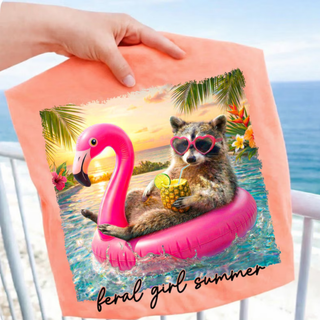  Neon cantaloupe Comfort Colors graphic tee with raccoon flamingo float tropical design front view