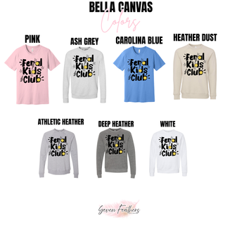 Feral Kids Club top Bella Canvas color options including pink, ash grey, Carolina blue, and heather dust
