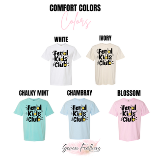 Feral Kids Club top Comfort Colors options in white, ivory, chalky mint, chambray, and blossom
