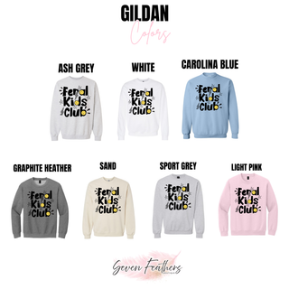 Feral Kids Club sweatshirt Gildan color options including ash grey, sand, sport grey, and light pink
