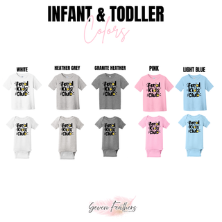 Feral Kids Club infant and toddler tee and onesie color options in white, heather grey, granite heather, pink, and light blue
