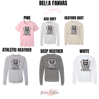 Bella Canvas color options in pink tee, ash grey, heather dust, athletic heather, deep heather, and white crewneck
