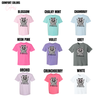 Comfort Colors tee color options in blossom, chalky mint, chambray, neon pink, violet, grey, orchid, crunchberry, and white
