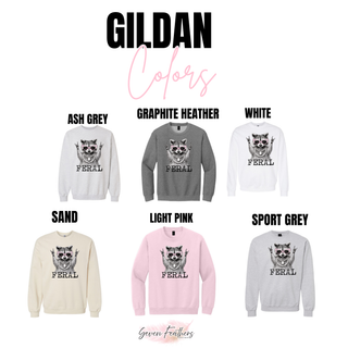 Gildan crewneck color options in ash grey, graphite heather, white, sand, light pink, and sport grey

