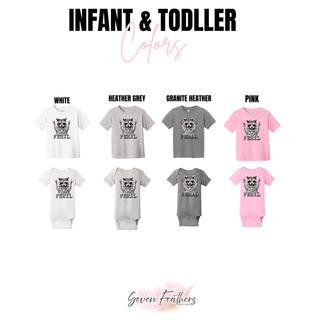 Infant and toddler tees and onesies in white, heather grey, granite heather, and pink
