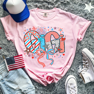 Blossom Comfort Colors tee firecracker doodle gigi design with red white and blue stars bows fireworks flag hat and sneakers
