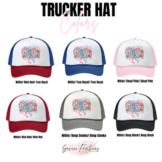 Firecracker Doodle Gigi trucker hat color chart white rich red true royal cloud pink deep smoke and deep black options
