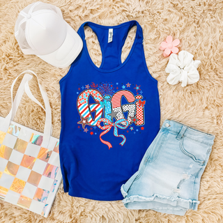 True royal Next Level racerback tank firecracker doodle gigi red white blue patterned letters stars bows fireworks hat and bag
