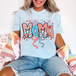 Chambray Comfort Colors tee firecracker doodle mama patterned letters with red white and blue stars bows and fireworks design
