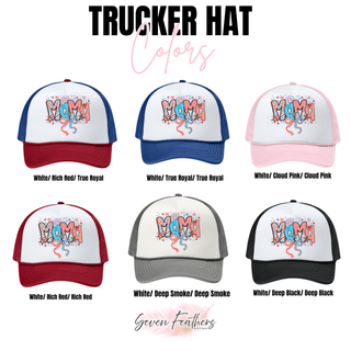 Firecracker Doodle Mama trucker hat color chart white rich red true royal cloud pink deep smoke and deep black options

