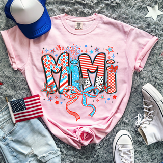Blossom Comfort Colors tee firecracker doodle mimi design with red white and blue stars bows fireworks flag hat and sneakers
