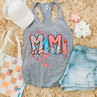 Athletic heather Next Level racerback tank firecracker doodle mimi red white blue patterned letters stars bows and fireworks
