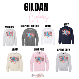 Gildan firecracker doodle mini crewneck in ash grey, graphite heather, white, navy, sand, light pink, sport grey
