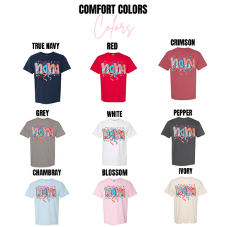 Firecracker Doodle Nana Comfort Colors color chart in true navy red crimson grey white pepper chambray blossom and ivory
