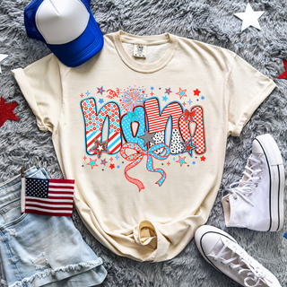 Ivory Comfort Colors tee firecracker doodle nana red white blue patterned letters stars bows fireworks with flag hat sneakers
