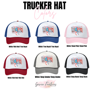 Firecracker Doodle Nana trucker hat color chart white rich red true royal cloud pink deep smoke and deep black options
