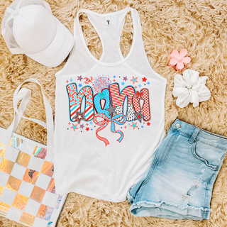 White Next Level racerback tank firecracker doodle nana red white blue patterned letters stars bows fireworks with hat and bag
