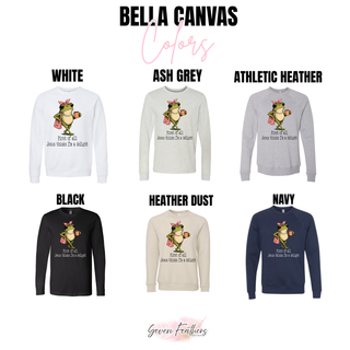 First of All Jesus Thinks I'm a Delight Sassy Frog Bella Canvas crewneck in white, ash grey, athletic heather, black, heather dust, and navy
