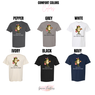 First of All Jesus Thinks I'm a Delight Sassy Frog Comfort Colors tee in pepper, grey, white, ivory, black, and navy
