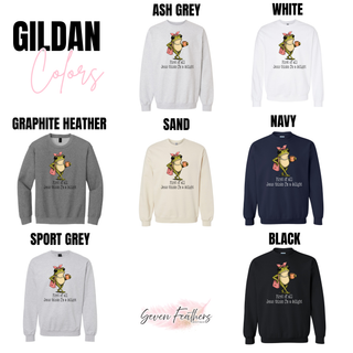 First of All Jesus Thinks I'm a Delight Sassy Frog Gildan crewneck in ash grey, white, graphite heather, sand, navy, sport grey, and black
