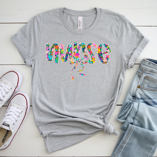 Bella Canvas athletic heather short sleeve top laid flat with colorful floral nurse script and bow graphic styled with jeans and sneakers