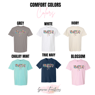 Comfort Colors short sleeve tee color chart showing floral bow nurse graphic top in grey, white, ivory, chalky mint, true navy, and blossom
