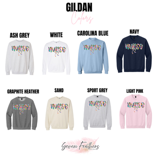 Gildan crewneck sweatshirt color chart showing floral bow nurse graphic top in ash grey, white, carolina blue, navy, graphite heather, sand, sport grey, and light pink
