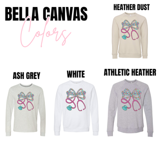 Bella Canvas Floral Bow Stethoscope long sleeves and crewnecks in heather dust, ash grey, white, and athletic heather
