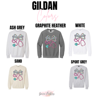 Gildan Floral Bow Stethoscope crewnecks in ash grey, graphite heather, white, sand, and sport grey
