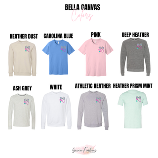 Bella Canvas tops and crewnecks in heather dust, carolina blue, pink, deep heather, ash grey, white, athletic heather, and heather prism mint with floral bow stethoscope pocket design
