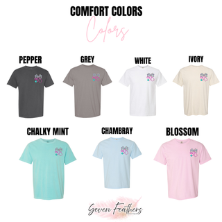 Comfort Colors tops in pepper, grey, white, ivory, chalky mint, chambray, and blossom with floral bow stethoscope pocket design
