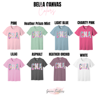Bella Canvas CNA tops in pink, heather prism mint, light blue, charity pink, lilac, asphalt, heather orchid, and white with floral checkered CNA design
