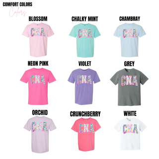 Comfort Colors CNA tops in blossom, chalky mint, chambray, neon pink, violet, grey, orchid, crunchberry, and white with floral checkered CNA design
