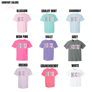 Comfort Colors NICU tops in blossom, chalky mint, chambray, neon pink, violet, grey, orchid, crunchberry, and white with floral checkered NICU design
