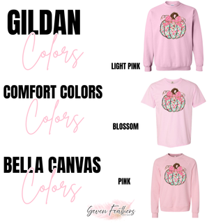 Color chart for floral pumpkin bow top showing Gildan light pink, Comfort Colors blossom, and Bella Canvas pink

