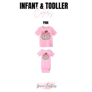 Pink infant onesie and toddler tee with floral pumpkin and pink bow design
