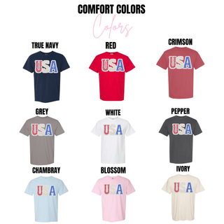 Comfort Colors Floral USA tee in true navy, red, crimson, grey, white, pepper, chambray, blossom, and ivory

