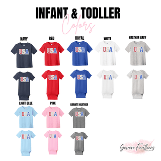 Infant and toddler Floral USA tees and onesies in navy, red, royal, white, heather grey, light blue, pink, and granite heather
