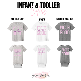 Focus on the Good infant and toddler tees and onesies in heather grey, white, and granite heather
