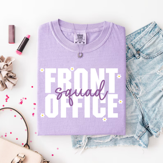 Front Office Squad Comfort Colors top in violet with white lettering, purple script, and daisy accents