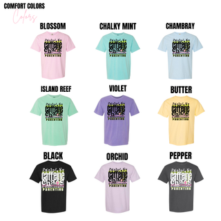 Fueled by Caffeine Chaos and Questionable Parenting graphic tee in nine bright and garment-dyed colors